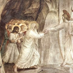 Christ in white, holding a banner with a red cross, reaches into a dark cave to take the hands of a white-bearded old man, while haloed men and women follow behind him and a horned demon cowers at the left.