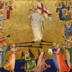 The risen Christ holds a white banner against a gold sky, surrounded by rows of saints and angels playing trumpets, harps, and drums.