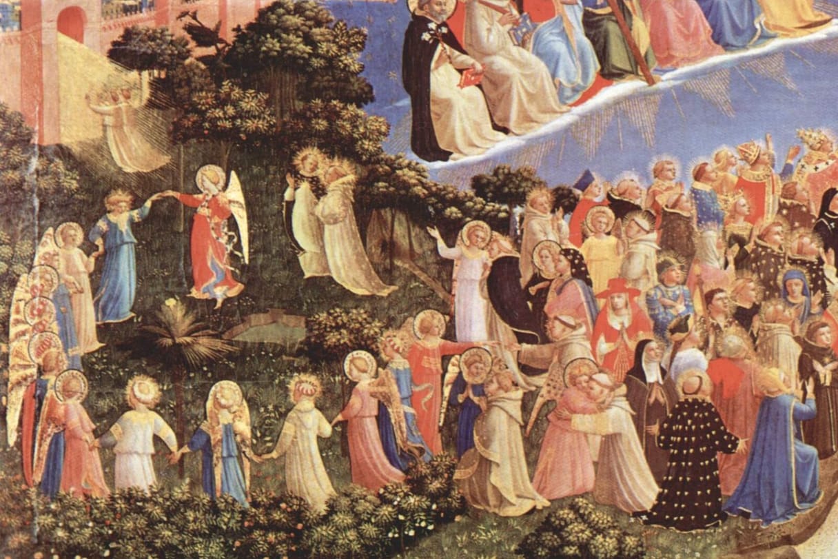 In a flowering garden, haloed saints and angels join hands in a ring dance, while nearby the newly risen embrace one another and the angels who welcome them.