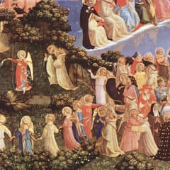 In a flowering garden, haloed saints and angels join hands in a ring dance, while nearby the newly risen embrace one another and the angels who welcome them.