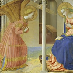 A golden-winged angel in a pink robe bows with crossed hands before Mary, who sits in a blue mantle under a slender colonnade with a book open on her lap.