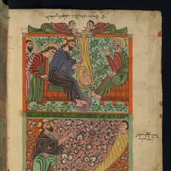 A manuscript page with two painted scenes: above, two men lean down from a roof to lower a paralyzed man, wrapped in a long cloth, to Christ, who touches his head; below, Christ calls Lazarus, wrapped in grave clothes, while two figures kneel.