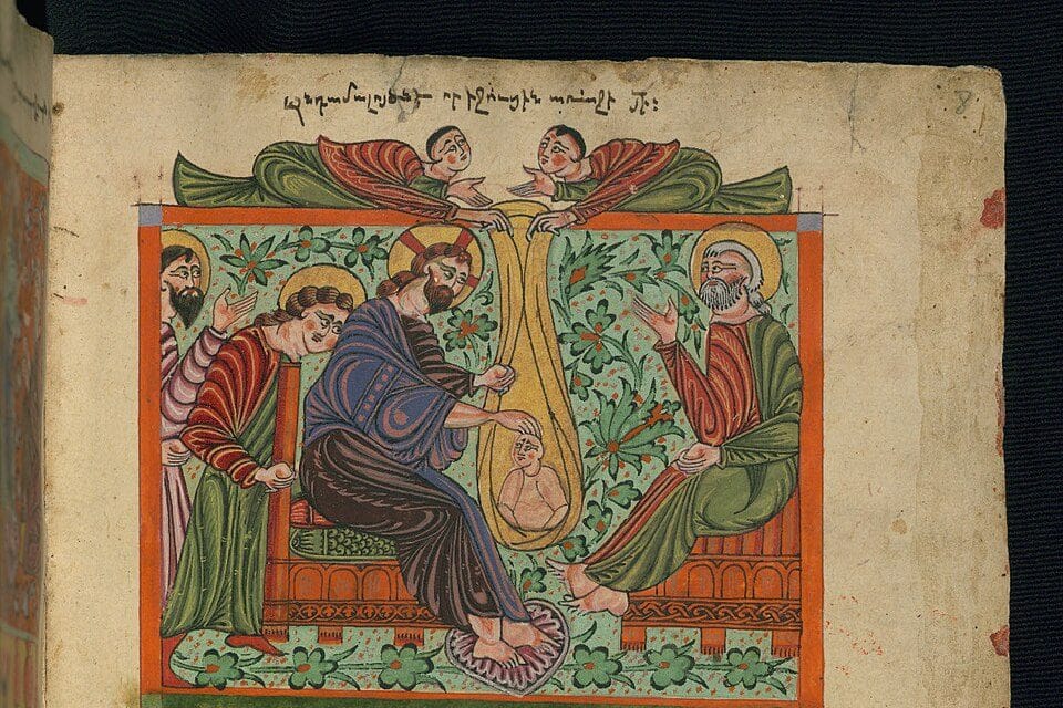 A manuscript page with two painted scenes: above, two men lean down from a roof to lower a paralyzed man, wrapped in a long cloth, to Christ, who touches his head; below, Christ calls Lazarus, wrapped in grave clothes, while two figures kneel.