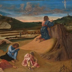 Jesus kneels in prayer on a rock at dawn while three disciples sleep below him and soldiers approach along a distant path.