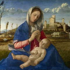 Mary in a blue mantle kneels with hands joined in prayer over the sleeping infant Jesus on her lap, in a spring landscape with a walled town.