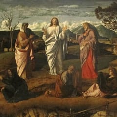 Christ in shining white stands on a hilltop between Moses and Elijah, while three disciples fall to the ground below in a wide landscape.