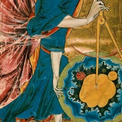 God, in a blue robe and rose mantle, holds a golden compass over a round world of swirling water, land, sun and moon that he is shaping.