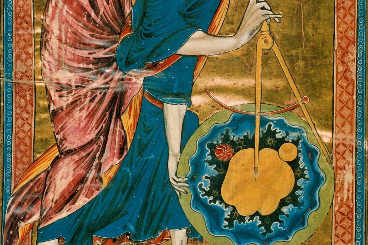 God, in a blue robe and rose mantle, holds a golden compass over a round world of swirling water, land, sun and moon that he is shaping.