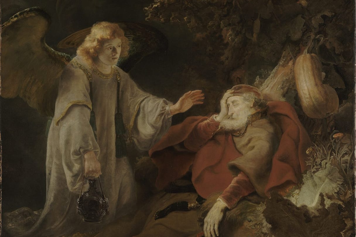 A winged angel in a pale robe, holding a jug of water, reaches gently toward the old prophet Elijah, who sleeps under a bush with his head resting on his hand.