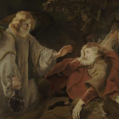 A winged angel in a pale robe, holding a jug of water, reaches gently toward the old prophet Elijah, who sleeps under a bush with his head resting on his hand.