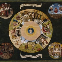A great painted eye with Christ at its pupil is ringed by seven small scenes of everyday sins, with four round scenes of death, judgment, heaven, and hell in the corners.