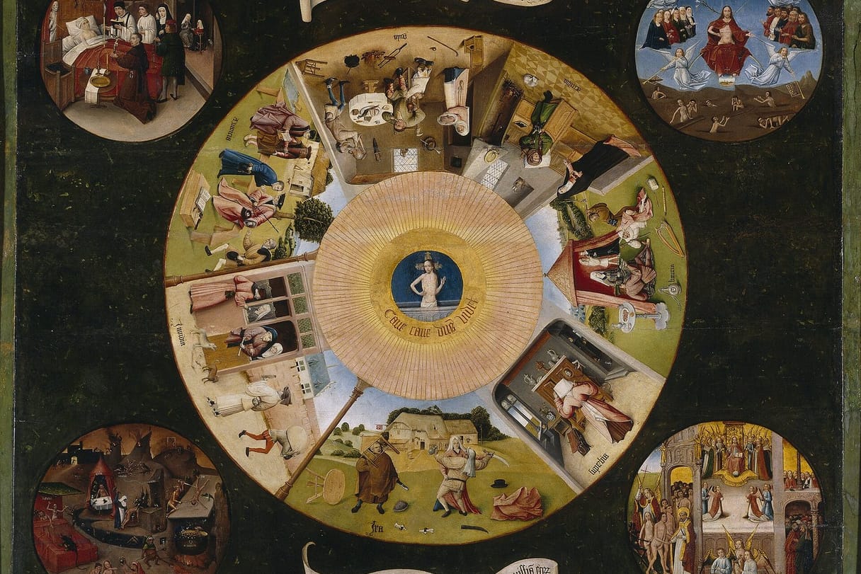 A great painted eye with Christ at its pupil is ringed by seven small scenes of everyday sins, with four round scenes of death, judgment, heaven, and hell in the corners.