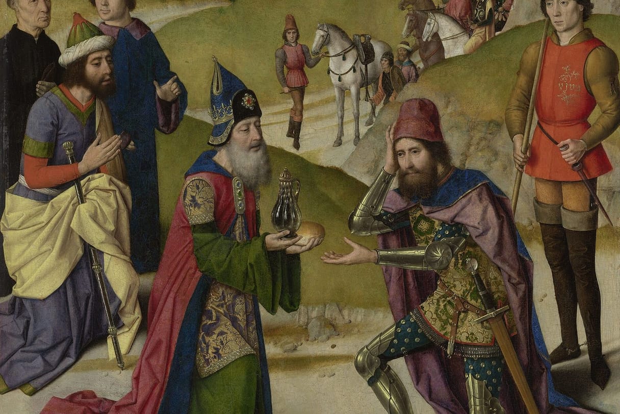 The priest-king Melchizedek offers bread and a jug of wine to Abraham, who kneels before him in armor, with attendants and horsemen on the green hills behind.