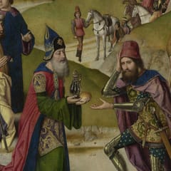The priest-king Melchizedek offers bread and a jug of wine to Abraham, who kneels before him in armor, with attendants and horsemen on the green hills behind.