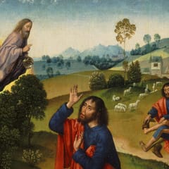 In a green Flemish landscape, Moses kneels and raises his hand toward God, who appears as a robed, bearded figure in a burning bush, while a second Moses sits nearby taking off his sandals.