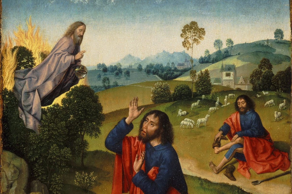 In a green Flemish landscape, Moses kneels and raises his hand toward God, who appears as a robed, bearded figure in a burning bush, while a second Moses sits nearby taking off his sandals.