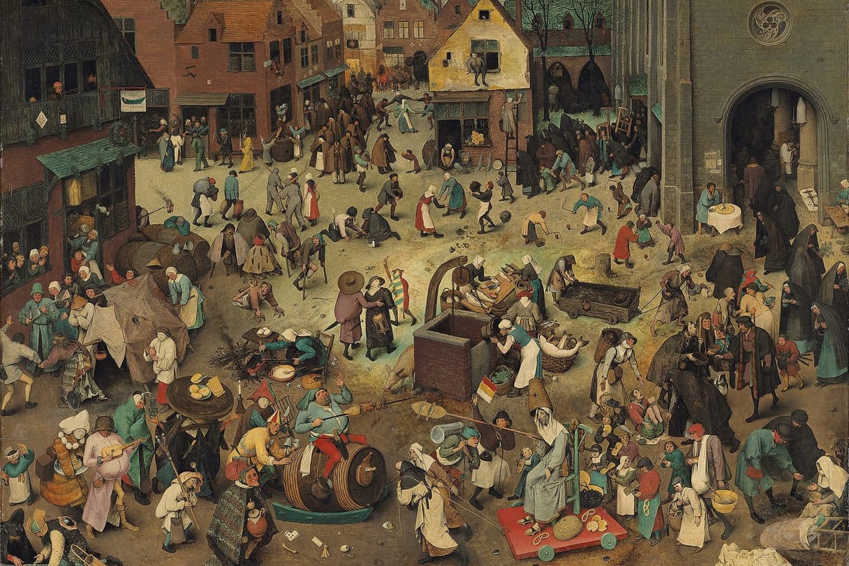 A crowded Flemish town square in which a fat man astride a wine barrel faces off against a gaunt woman on a cart, with tavern revelers on the left and churchgoers leaving a church on the right.