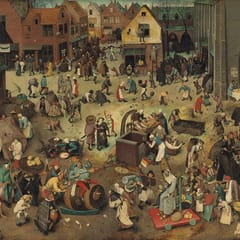 A crowded Flemish town square in which a fat man astride a wine barrel faces off against a gaunt woman on a cart, with tavern revelers on the left and churchgoers leaving a church on the right.