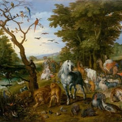 Lions, horses, leopards, birds and dozens of other animals gather in pairs in a woodland clearing, with the ark far in the background.