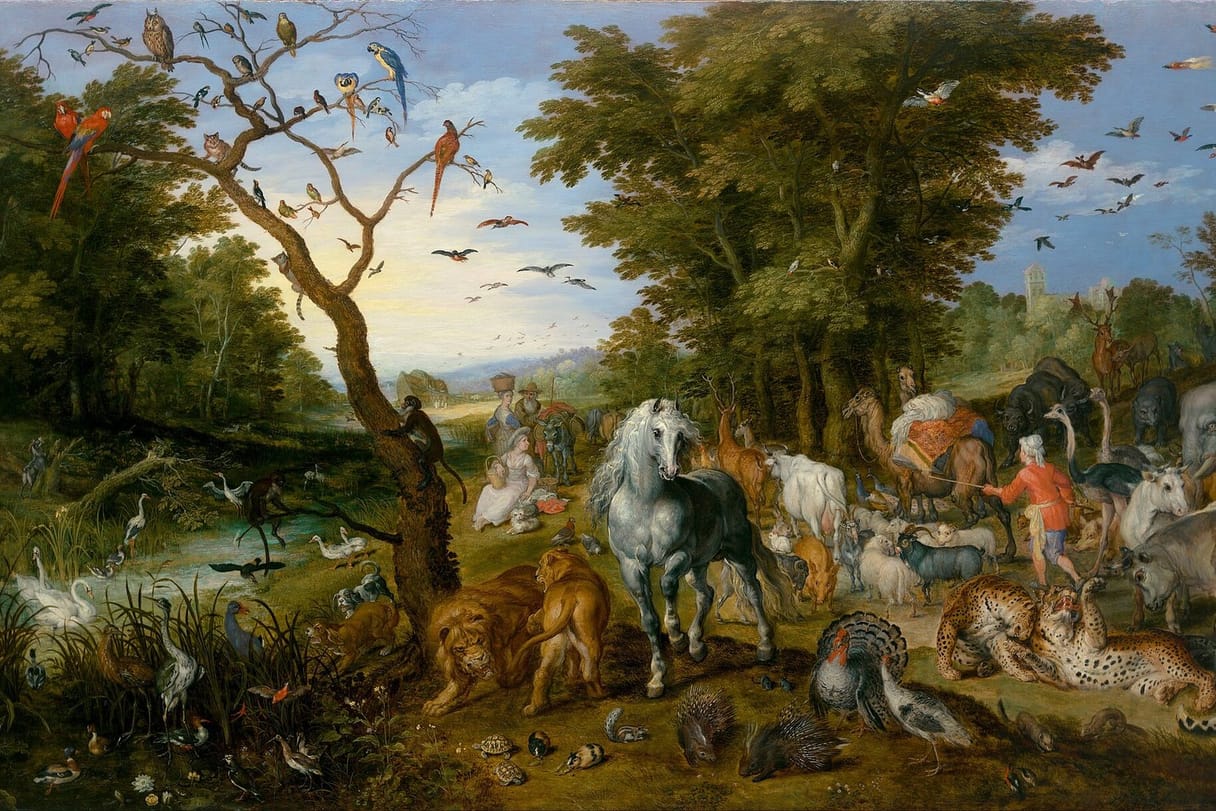 Lions, horses, leopards, birds and dozens of other animals gather in pairs in a woodland clearing, with the ark far in the background.