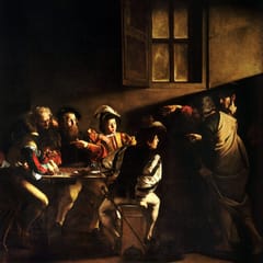 In a dim room, a shaft of light falls on men counting money at a table as Jesus, half in shadow, points toward Matthew.