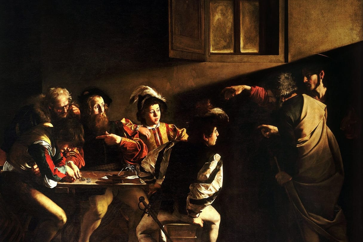 In a dim room, a shaft of light falls on men counting money at a table as Jesus, half in shadow, points toward Matthew.