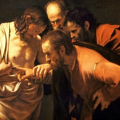 The apostle Thomas, frowning in concentration, pushes his finger into the wound in the risen Jesus's side while two other apostles lean in to look.