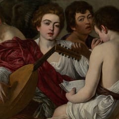 Four young musicians crowd together: one tunes a lute, one studies a sheet of music, one looks out at the viewer, and a winged Cupid reaches for grapes.