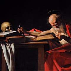 An elderly bald man in a red cloak leans over a table of books, stretching his pen toward an inkwell beside a skull.