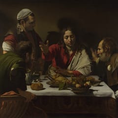 The risen Jesus blesses bread at an inn table while two startled disciples recognize him, one flinging his arms wide.