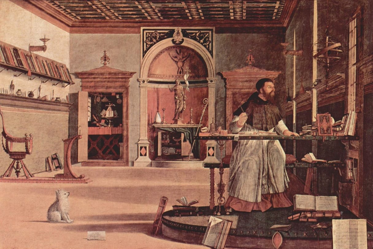 A scholar in a bright Renaissance study looks up from his desk toward the window, pen raised, while a small white dog sits on the floor.