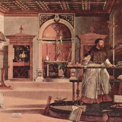 A scholar in a bright Renaissance study looks up from his desk toward the window, pen raised, while a small white dog sits on the floor.