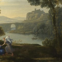 In a calm river landscape with an old stone bridge and a hilltop town, an angel gently approaches Hagar, who sits on a bank in a blue dress.