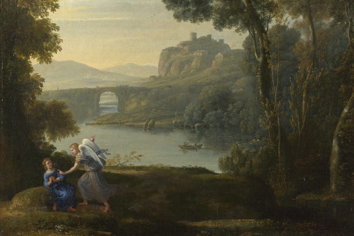 In a calm river landscape with an old stone bridge and a hilltop town, an angel gently approaches Hagar, who sits on a bank in a blue dress.