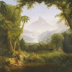 A luminous valley of palms, flowers and a still pool opens onto a distant waterfall and a misty mountain.