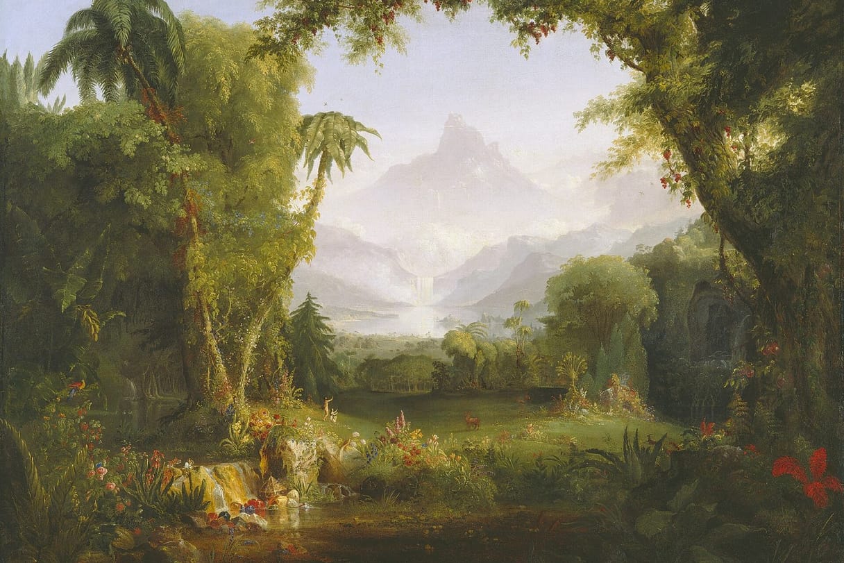 A luminous valley of palms, flowers and a still pool opens onto a distant waterfall and a misty mountain.