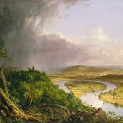 From a wooded, storm-battered hilltop, a river curves in a wide loop through sunlit farmland, while a dark thunderstorm moves off across the sky at the left.
