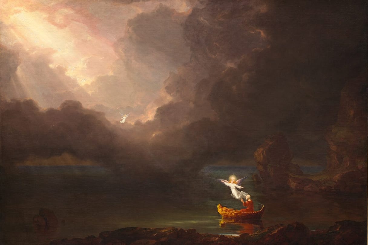 An old man drifts in a small boat on a dark sea toward a break in the clouds, where light pours down and an angel points the way.