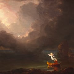 An old man drifts in a small boat on a dark sea toward a break in the clouds, where light pours down and an angel points the way.