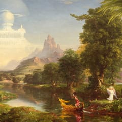 A young man steers a golden boat down a quiet river, reaching toward a shining palace in the clouds, while an angel watches him from the bank.