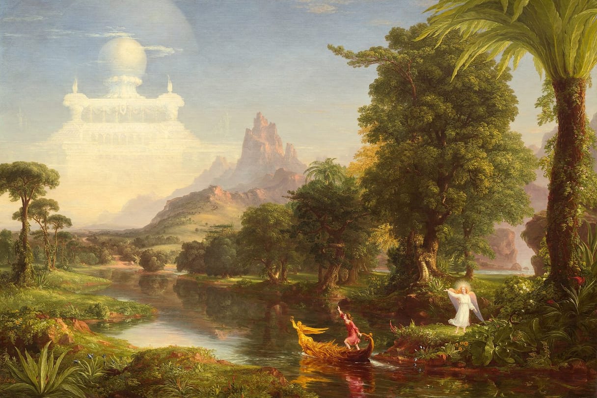 A young man steers a golden boat down a quiet river, reaching toward a shining palace in the clouds, while an angel watches him from the bank.