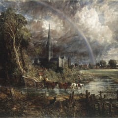 A rainbow arcs over the spire of Salisbury Cathedral under storm clouds, while a horse-drawn cart crosses a river in the meadows below.