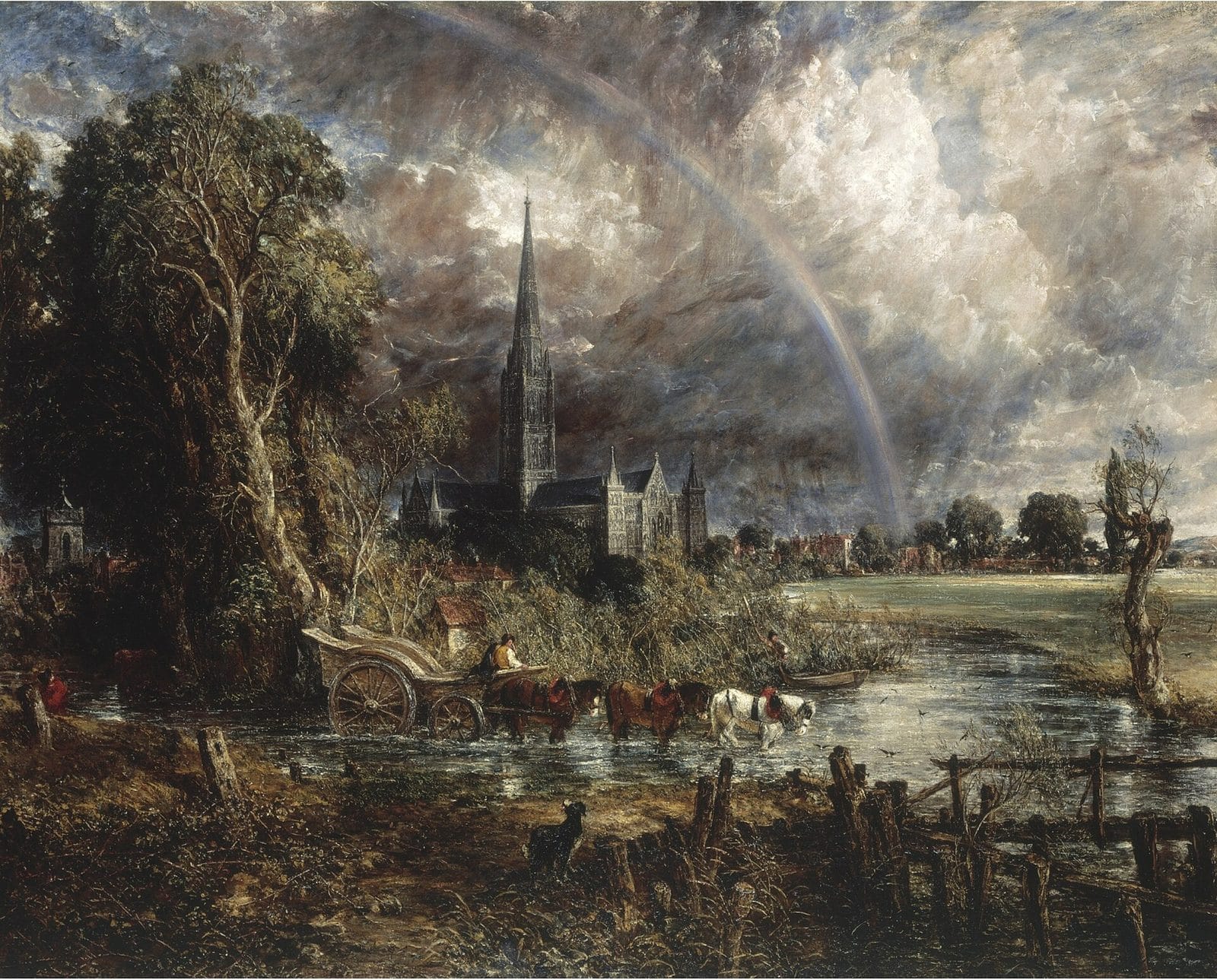 A rainbow arcs over the spire of Salisbury Cathedral under storm clouds, while a horse-drawn cart crosses a river in the meadows below.