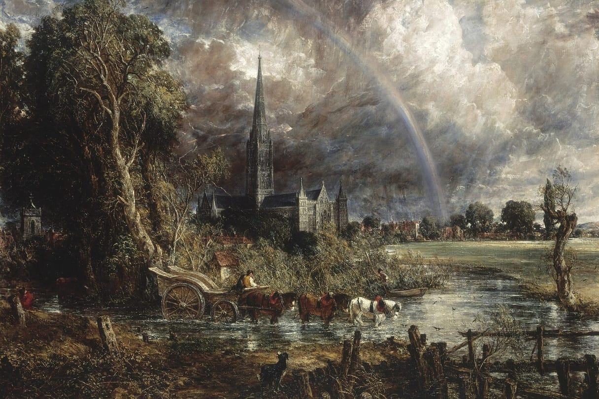 A rainbow arcs over the spire of Salisbury Cathedral under storm clouds, while a horse-drawn cart crosses a river in the meadows below.