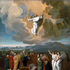 Jesus rises into the clouds with his arms raised while the apostles below kneel, gesture, and look up, and two angels in white stand beside them.