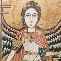 A pale-faced archangel with a jeweled diadem and great dark-feathered wings, dressed in armor and a red cloak, holds a tall cross-staff in one hand and a pair of scales in the other.