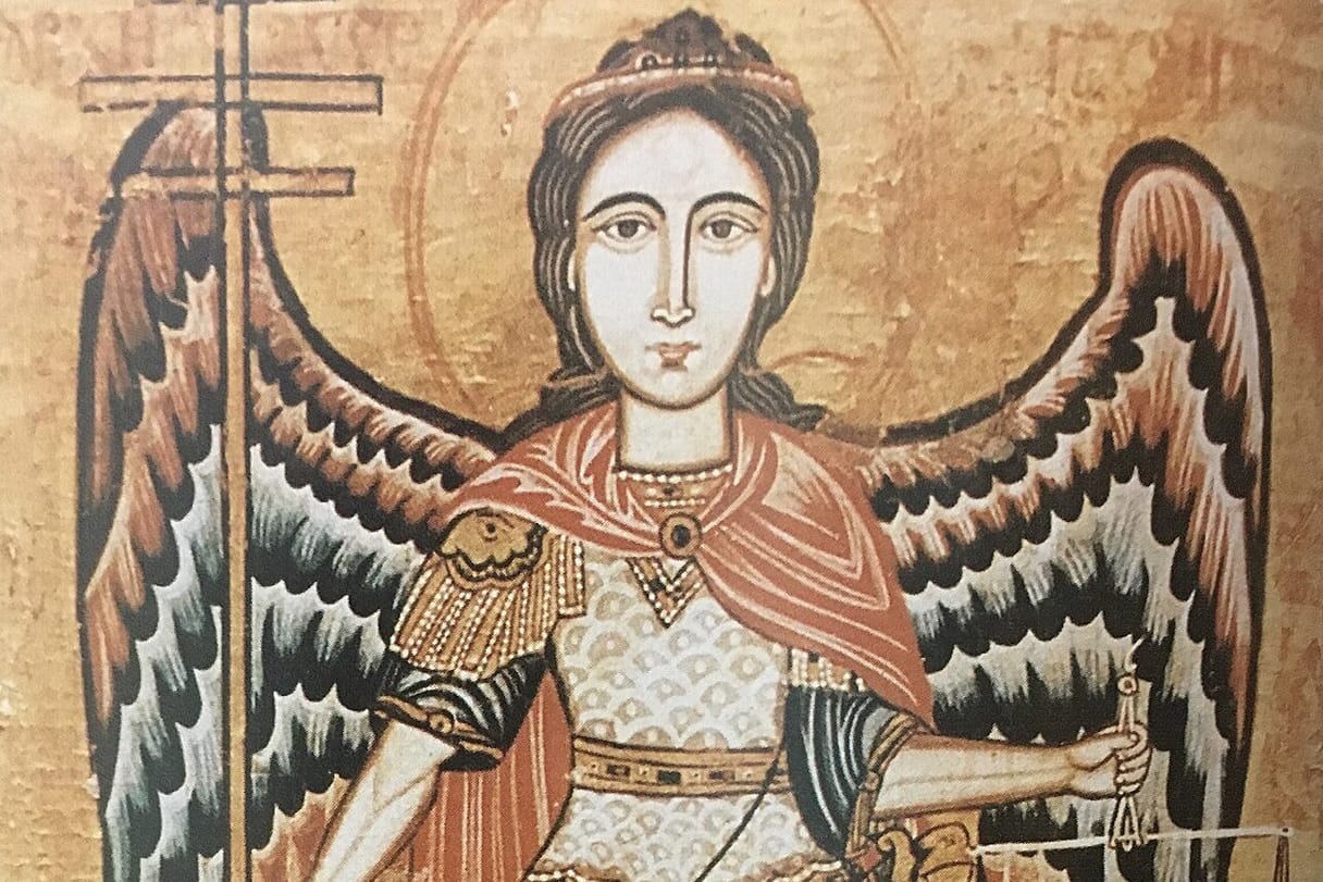 A pale-faced archangel with a jeweled diadem and great dark-feathered wings, dressed in armor and a red cloak, holds a tall cross-staff in one hand and a pair of scales in the other.