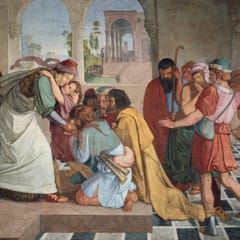 Joseph embraces his youngest brother Benjamin while the other brothers kneel, weep, and hide their faces in a pillared hall.