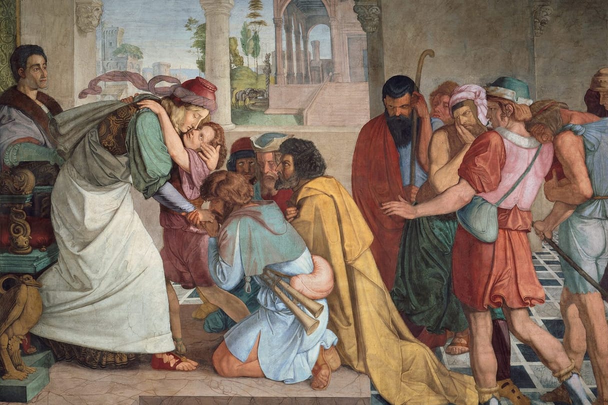 Joseph embraces his youngest brother Benjamin while the other brothers kneel, weep, and hide their faces in a pillared hall.