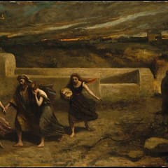 An angel hurries Lot and his two daughters across a dim plain under a smoky sky, while a lone dark figure stands behind them.